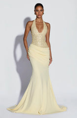 Luxury Champagne Gold Sequin Halter Backless Mermaid Evening Gown | Waist-Cinching Slimming Elegant Long Wedding Guest Dress