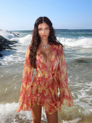 Yellow and red floral print deep V-neck long-sleeved chiffon short dress