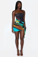 Art Print Strapless Side Draped Bodycon Mini Skirt