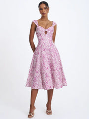 Pink Leopard Print Twist-Front Sweetheart Neck Midi Dress
