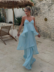 Light Blue Thin Strap V-Neck Multi-Tier Ruffle Chiffon Maxi Dress