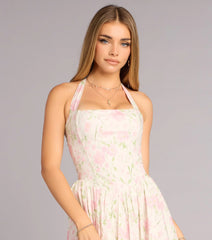 Pink & White Halter Floral Waist-Cinching Tie-Back Midi Dress