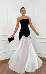 French Elegant Strapless Pearl Trim Color Block Waist-Cinching Flare Evening Gown | Luxury Trailing Maxi Dress
