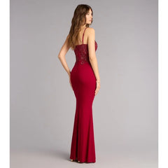 Burgundy Spaghetti Strap Beaded Lace Mesh Mermaid Maxi Dress