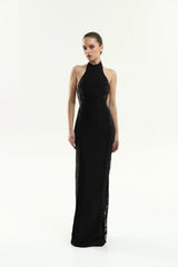 Halter Neck Lace Sheer Panel Form-Fitting Evening Gown