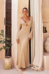 Khaki Metallic Cutout Flare Sleeve Open-Back Tie Knit Maxi Dress