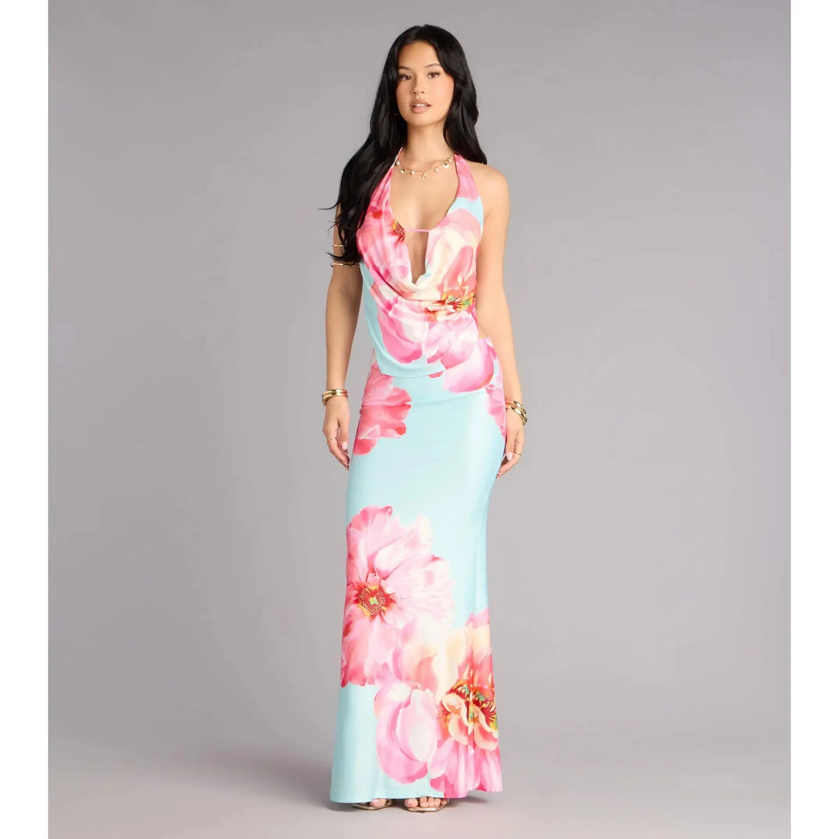 Light Blue Halter Floral Cutout Backless Mermaid Maxi Dress