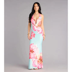 Light Blue Halter Floral Cutout Backless Mermaid Maxi Dress