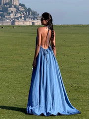 Denim Blue Halter Open-Back Flowy Floor-Length Maxi Dress