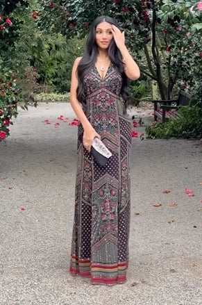 Boho Vintage Print Deep V Backless Cami Maxi Dress | Ethnic Style Vacation Waist-Cinching Slimming Dress