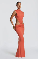 Coral Orange High Neck Sleeveless Waist Cutout Backless Ruched Mermaid Maxi Dress