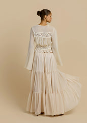 Lace Patchwork Flare Sleeve Waist Top + Tiered Ruffle Maxi Skirt Set