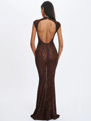 Brown Flocked Leopard Print Sheer Open-Back Turtleneck Mermaid Gown