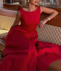 Sleeveless Boat Neck Open Back Solid A-Line Midi Dress