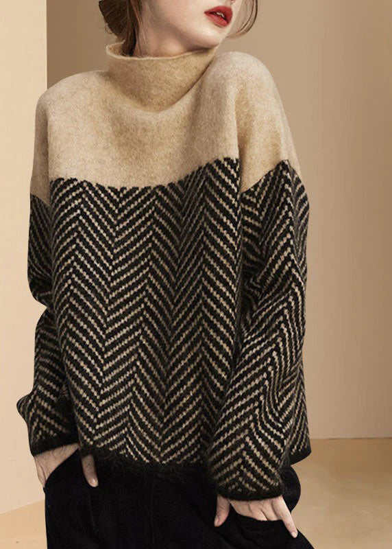 Fashion Khaki Turtle Neck Patchwork Knit Pullover Winter