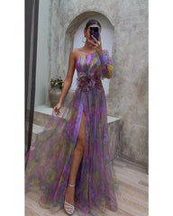 Sexy Oblique Shoulder One-Shoulder Long Sleeve Floral Yarn Dress