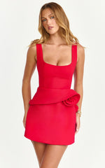 Vivienne Mini Dress - Square Neck Rosette Peplum Dress in Red