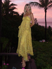 Yellow Polka Dot Halter Strapless Ruffle Tiered Vacation Maxi Dress