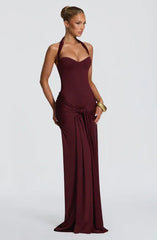 Burgundy/Black/Brown Halter Sweetheart Neck Lace-Up Back Ruched Waist Draped Bodycon Mermaid Evening Gown