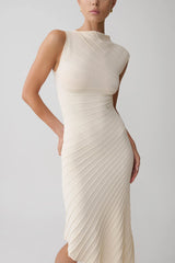 Cream Diagonal Rib Knit Asymmetric Sleeveless Midi Dress