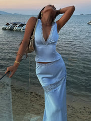 Satin Lace Trim V-Neck Cami Top & Maxi Skirt Two-Piece Set