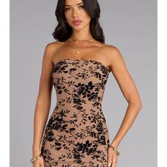 Khaki/Black Strapless Flocked Floral Slit Midi Dress