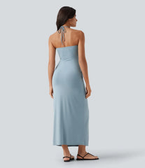Light Blue Halter Bandeau Draped Maxi Dress with Pockets