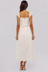 White Square Neck Lace Trim Back Bow Tie A-Line Midi Dress