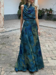 Blue Green Ombre Cowl Neck Halter Waist-Tied Maxi Dress