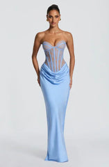 Light Blue Strapless Lace Sheer Corset Lace-Up Backless Draped Satin Mermaid Evening Gown