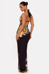 Butterfly Print Halter Lace-Up Open Back Bodycon Maxi Dress