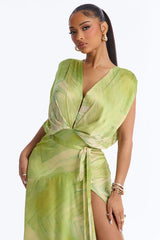 Green Watercolor V-Neck Twist Waist Slit Maxi Dress