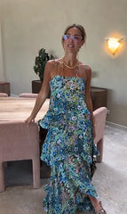 Floral Print Spaghetti Strap Tiered Ruffle Maxi Dress