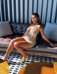 Leopard Print Rhinestone Halter Open-Back Bodycon Mini Dress