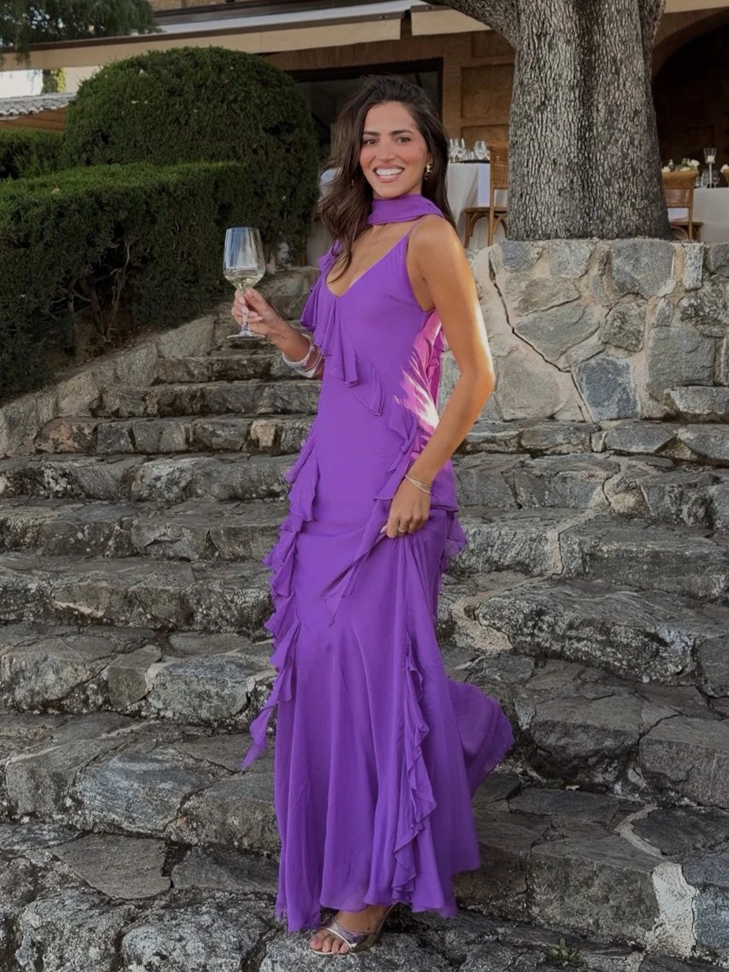 Scarf Neck Ruffled Chiffon Maxi Dress