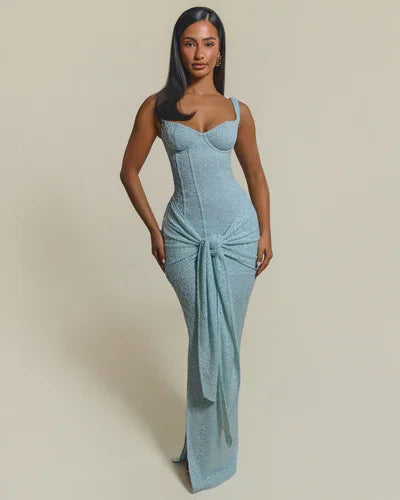 French Luxury Ice Blue Lace Corset Tie Detail Mermaid Maxi Dress