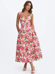 French Rose Print V-Neck Fitted Flared Midi Dress