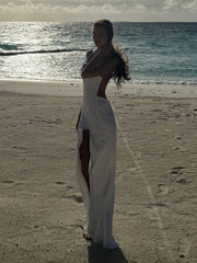 White Satin Open-Back High-Slit Strappy Vacation Maxi Dress