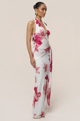 Halter Deep V Twist-Knot Floral Bodycon Maxi Dress