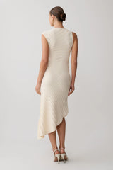 Cream Diagonal Rib Knit Asymmetric Sleeveless Midi Dress