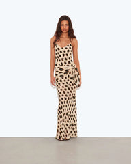 Beige Leopard Print Spaghetti Strap Waist Tie Bodycon Mermaid Maxi Dress