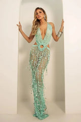 「Mint Green Crochet Lace Maxi Dress - Beach Vacation Party Dress」