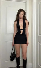 Black Halter Cross Cutout Bodycon Dress | Sexy Backless Mini Dress