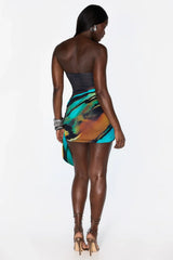 Art Print Strapless Side Draped Bodycon Mini Skirt