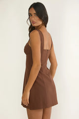 Saryna Square Neckline Mini Dress Coffee