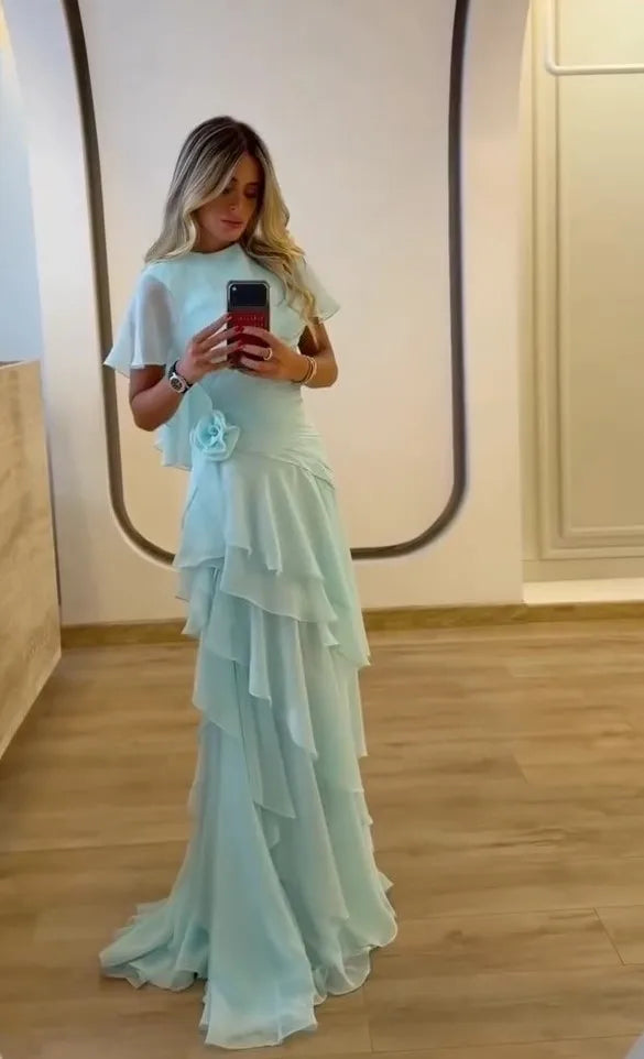 Mint Green 3D Flower Decor Layered Ruffle Chiffon Maxi Evening Gown