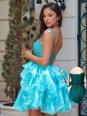 Crystal Boned Mini Ball Gown Prom Dress With Ruffle - Dusty Rose