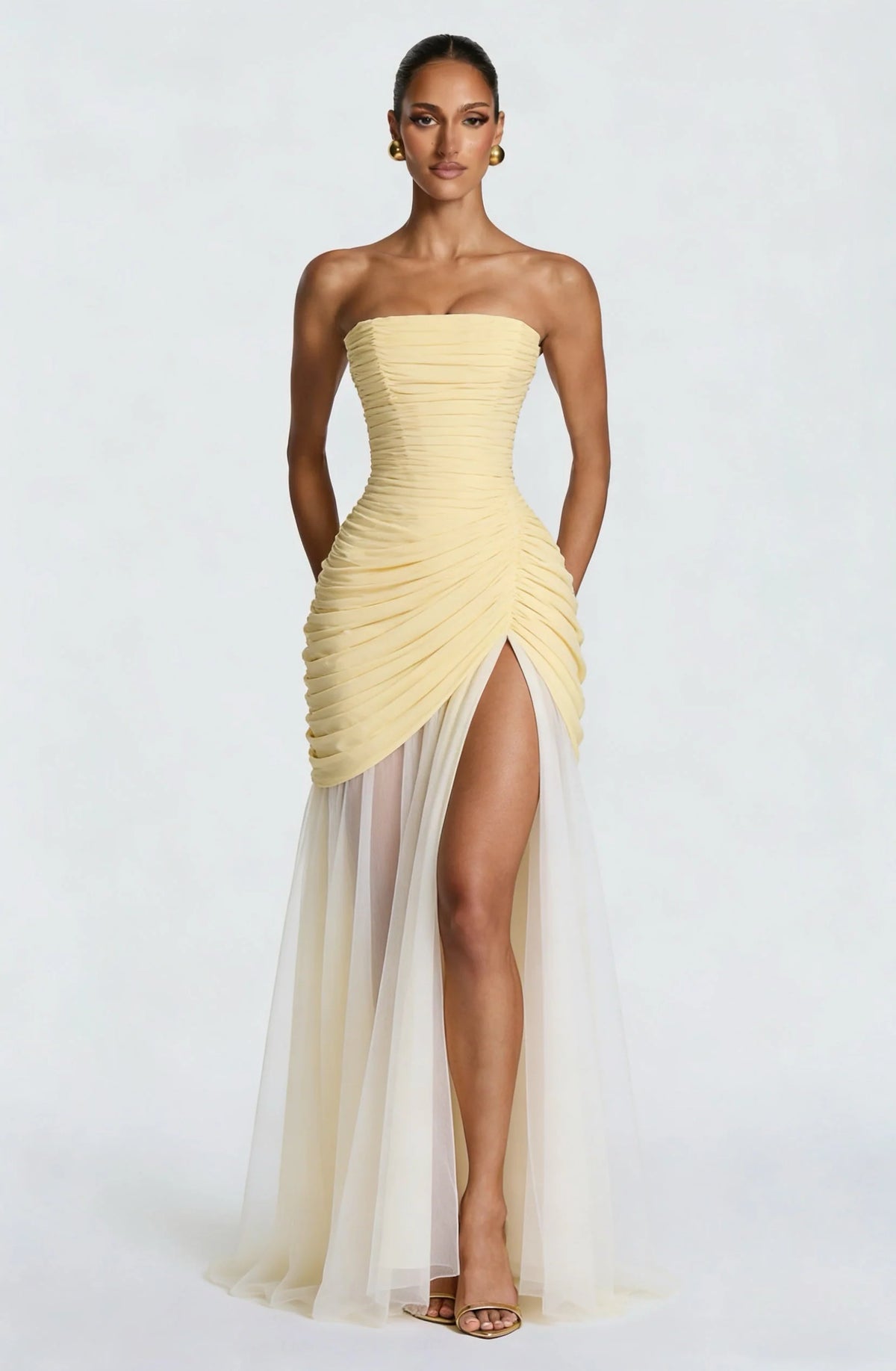 Butter Yellow Strapless Ruched High-Slit Tulle Maxi Gown
