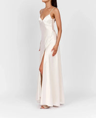 Spaghetti Strap V Neck Lace Trim Open Back High Slit Satin Maxi Slip Dress