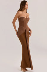 Caramel Brown Strapless Corset Twist Sash Mermaid Maxi Evening Dress